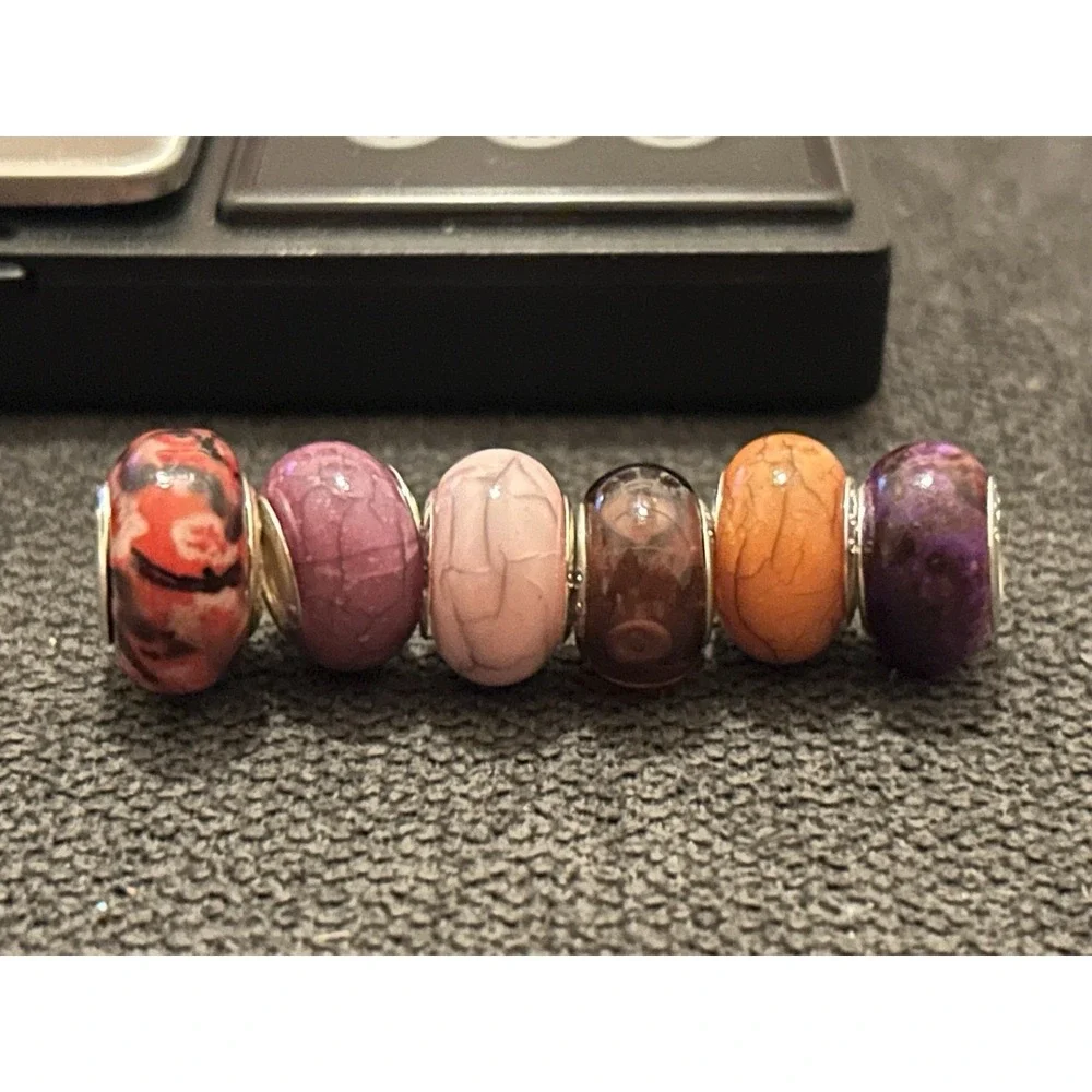 Lot of 6 Sterling Silver Core Bracelet Charm Beads Lampwork Glass Style 925 3